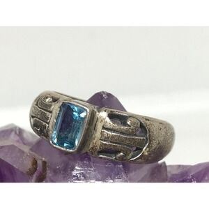 Vintage Sterling Silver 925 Blue Stone Ring Emerald Cut Size 6.5 Filigree Band